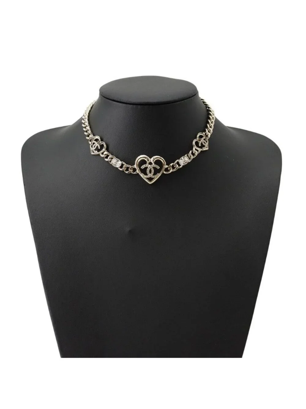 Chanel Necklace CC Logo Heart Choker Metal Rhinestone